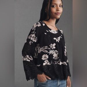 Curations Black White Floral Flowy Crochet Lace Sleeve Top Blouse Shirt M